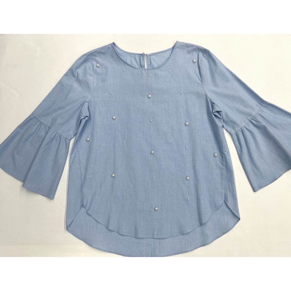 Sky Blue 3/4 Sleeve Faux Pearl Blouse - Picture 8 of 15